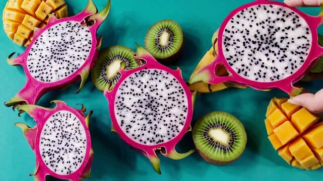 Sliced dragon fruit, kiwi, and mango arranged on a vibrant turquoise background