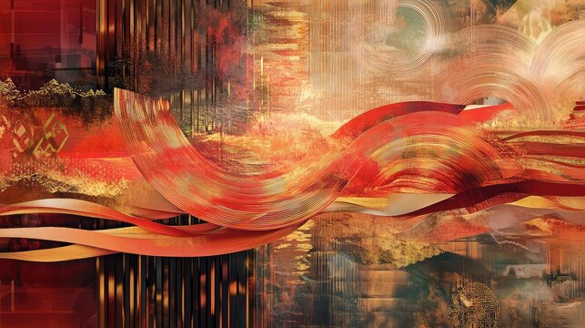 Vibrant abstract design featuring Feng Shui elements like water, earth, and wood, blended with harmonious red and gold tones.