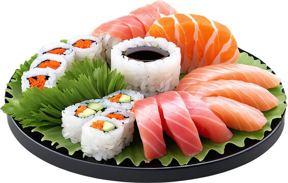 Sushi Sashimi Platter Fresh sashimi cuts delicate garnishing greens, Isolated on Transparent Background PNG Format, AI Generated, Clip Art Cutout Graphics Element Removed