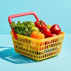 Yellow shopping basket filled with fresh vegetables on a blue background.
