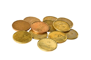 A group of one dollar Canadian loonies coins isolated cutout on transparent