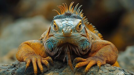 Fototapeta premium Colorful iguana basking on a rock by the ocean during a sunny day with clear blue skies