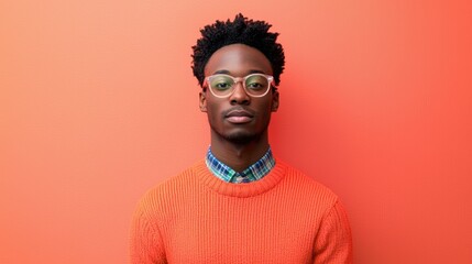 Obraz premium Young Man in Glasses Posing Against Vibrant Orange Background