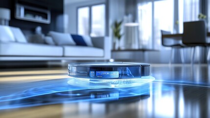A robotic vacuum cleaner on a polished floor in a modern living space.