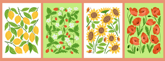 Vibrant summer poster set with lemons, strawberries, sunflowers, and poppies in retro 60s style with bold colors and playful patterns. Vintage botanical collection