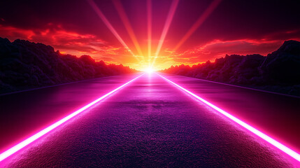SUNSET ROAD with PINK SKY, illuminated by vibrant neon lights, with a magical and ethereal feel	
