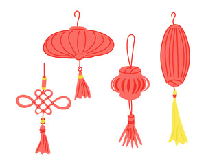 Traditional Chinese lanterns and decorative knot illustrations in vibrant red and gold, symbolizing good fortune, prosperity, and cultural heritage. Vector hand drawn drawing on white background