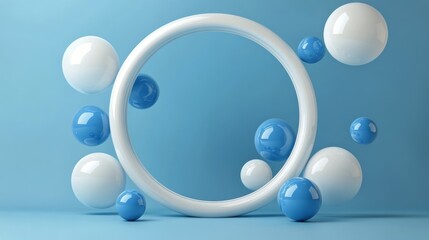 Colorful 3D shapes and orbs arranged creatively on a blue background