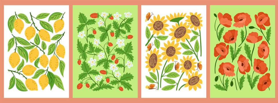 Vibrant summer poster set with lemons, strawberries, sunflowers, and poppies in retro 60s style with bold colors and playful patterns. Vintage botanical collection