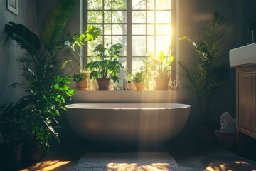 Bright and tranquil bathroom filled with plants and natural light
