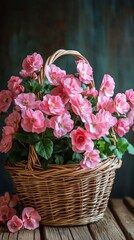 Obraz premium Beautiful pink flowers in a wicker basket on a wooden surface with dark background