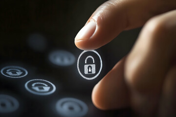 Hand interacting with digital username and password icons, emphasizing secure online access and data protection