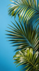 Fototapeta premium Lush green palm leaves basking in sunlight against a vibrant blue wall