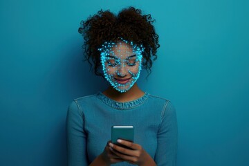 Young Woman with Digital Facial Recognition on a Blue Background