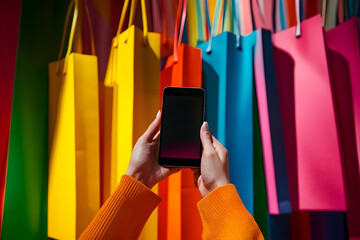 Hands making an online payment through a smartphone in a modern shopping scenario