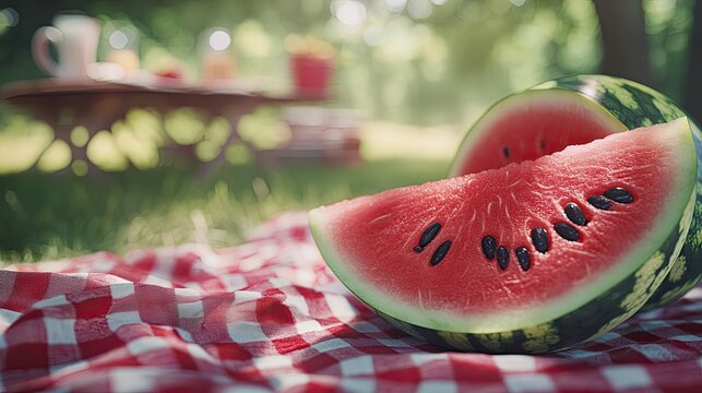 Sliced watermelon on red picnic blanket in park.