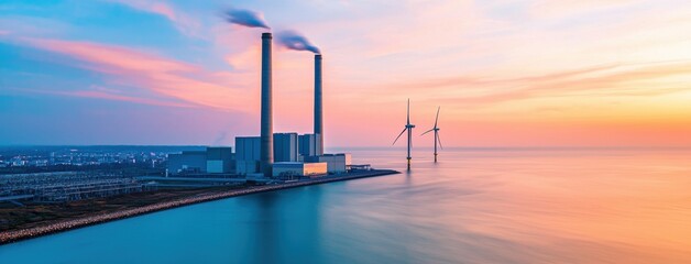 Industrial Energy Landscape with Power Plant and Wind Turbines at Sunset