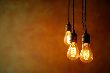 Hanging light bulbs on cords set against a warm brown background, creating a cozy ambiance