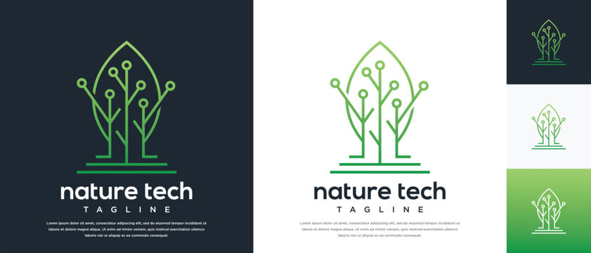Green leaf technology logo design template. Nature leaf digital technology logo design vector icon