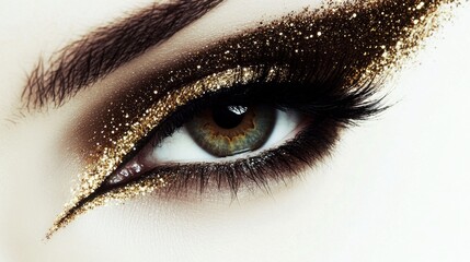 Golden glitter eye makeup with artistic design and striking detail