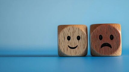 Dos dados de madera con símbolos de cara triste y feliz sobre un fondo azul