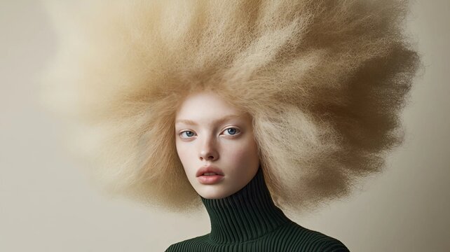 Fotograf&iacute;a de retrato que muestra a un joven con un llamativo y voluminoso peinado afro rubio que domina la imagen.