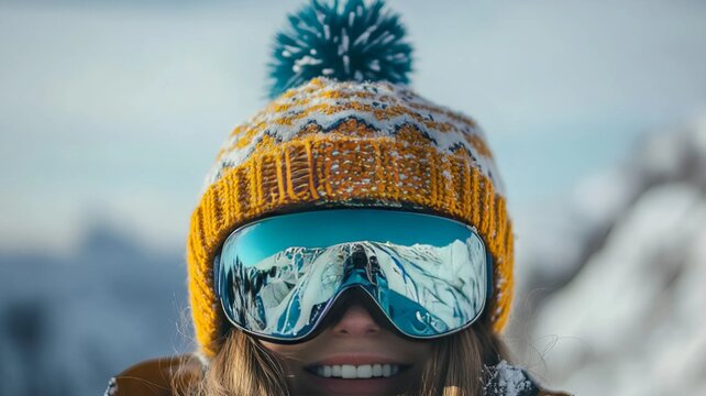 Imagen de una persona con ropa de invierno, incluido un gorro de punto con un patr&oacute;n amarillo y blanco y un pomp&oacute;n azul, y gafas de esqu&iacute; reflectantes.