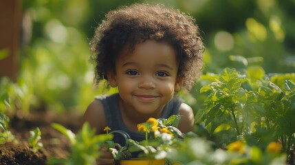 Child planting flowers in a garden during springtime with a yellow watering can