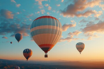 Fototapeta premium Hot air balloons ascending in the morning sky above a scenic landscape at sunrise