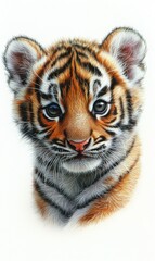 Obraz premium Cute tiger cub with striking orange and black fur against a white background