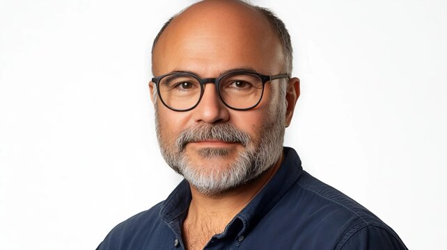 Fotograf&iacute;a de un hombre sonriente con gafas sobre un fondo blanco