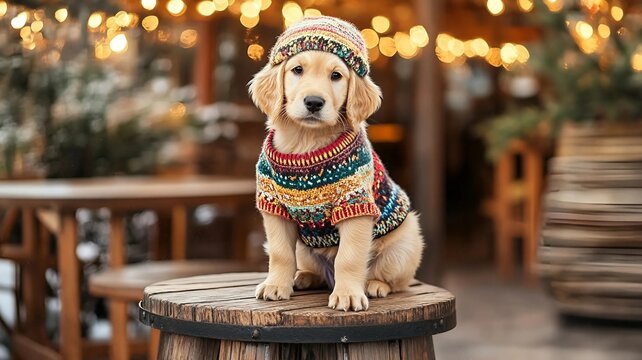 Cachorro Golden Retriever con un colorido su&eacute;ter y sombrero, sentado en un taburete de madera, con un fondo de cafeter&iacute;a al aire libre
