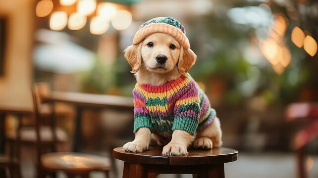 Cachorro Golden Retriever con un colorido su&eacute;ter y sombrero, sentado en un taburete de madera, con un fondo de cafeter&iacute;a al aire libre
