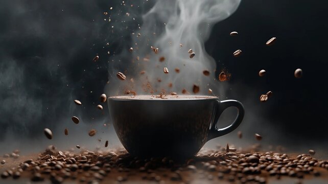 Composici&oacute;n con taza de caf&eacute; y granos