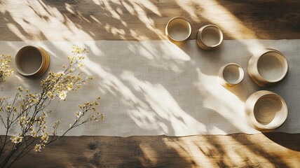 Mesa rústica ordenada con diferentes elementos florales
