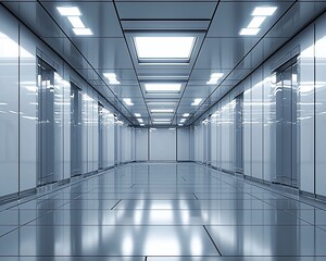 Obraz premium Futuristic metallic corridor with reflective floor and ceiling lights.