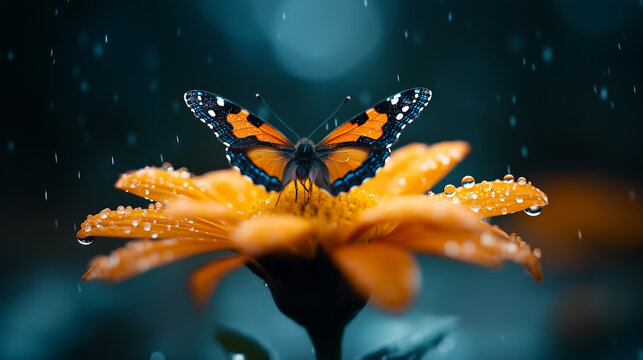 Butterfly resting on vibrant orange flower under soft rain in a garden setting