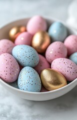 Fototapeta premium Festive pastel eggs arranged in a decorative bowl for Easter celebration