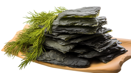 Thin and crispy dried seaweed sheets, arranged neatly for a healthy snack, studio view, isolated on transparent background.