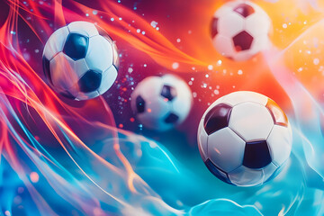 Naklejka premium Dynamic soccer balls on a vibrant abstract background with flowing waves