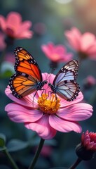 A pair of butterflies resting on delicate flower petals, their wings folded softly, serenity, garden