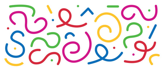Colorful abstract hand-drawn pattern. The composition consists of a combination of curved lines, dots and squiggles.