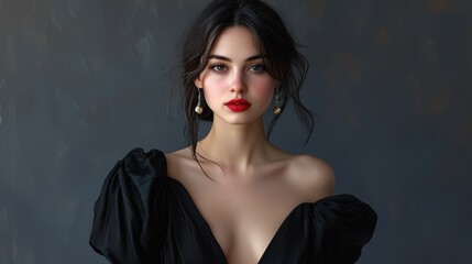 Naklejka premium A woman in a black dress with gold earrings and red lipstick