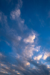 clouds at sunset. blue sky. fluffy cirrus clouds.