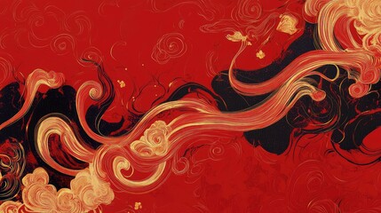 Vibrant red background with swirling gold trails and subtle patterns of traditional Lunar New Year motifs.