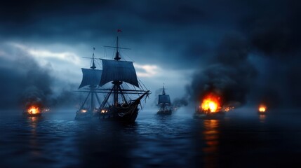 A group of ships are in a battle in the ocean