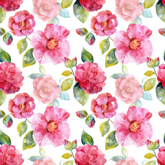 Pink camellia flowers, pastel green leaves, branches, buds hand drawn watercolor seamless pattern