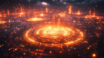 A glowing, abstract digital landscape with swirling patterns and bright particles.