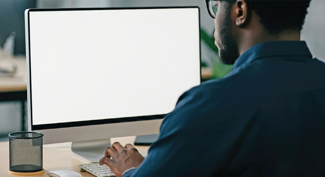 Shoulder to back view. young man using computer at workplace close up view of white screen. mock up banner for website header design with copy space for text