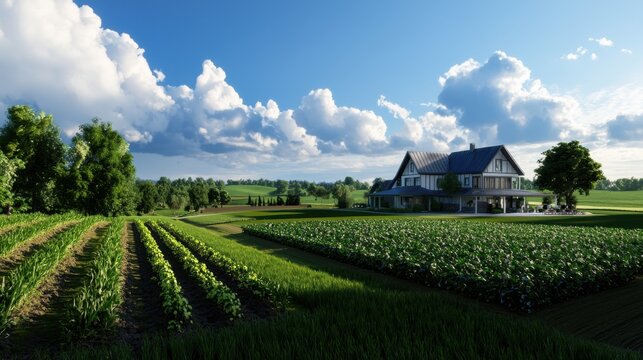 A large house sits on a large farm with a lot of green grass and trees